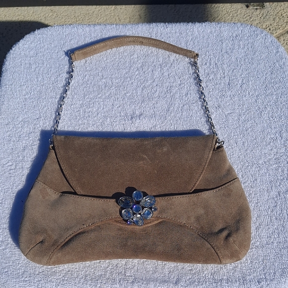 Swarovski Handbags - Elegant Tan Suede Clutch with Floral Accent By Swarvoski.